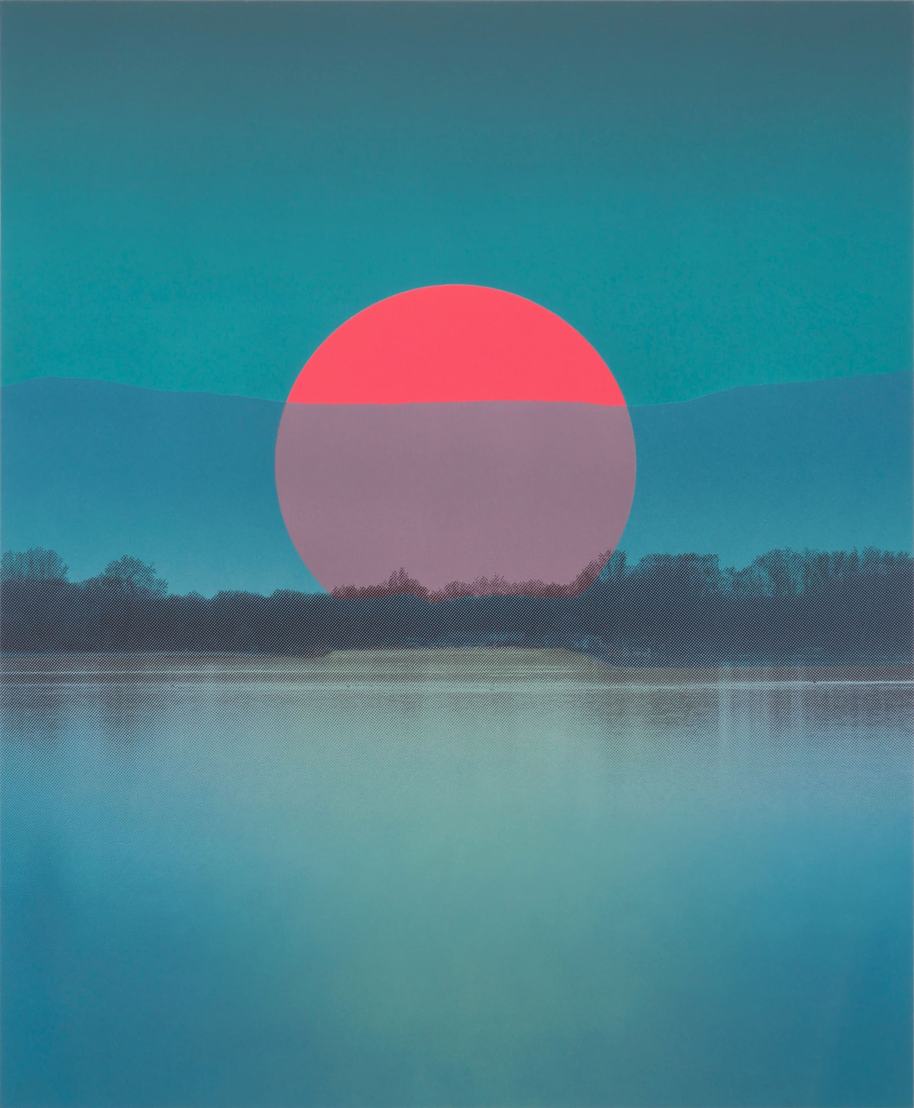 Multiple silkscreen layers of black blue and hot pink paint form a constructed landscape of a blurry and highly pixelated distant river bank. In the background a large hot pink circle which alludes to a rising full moon floats in the sky and a translucent layer of blue covers the majority of it along with the bottom portion of the piece