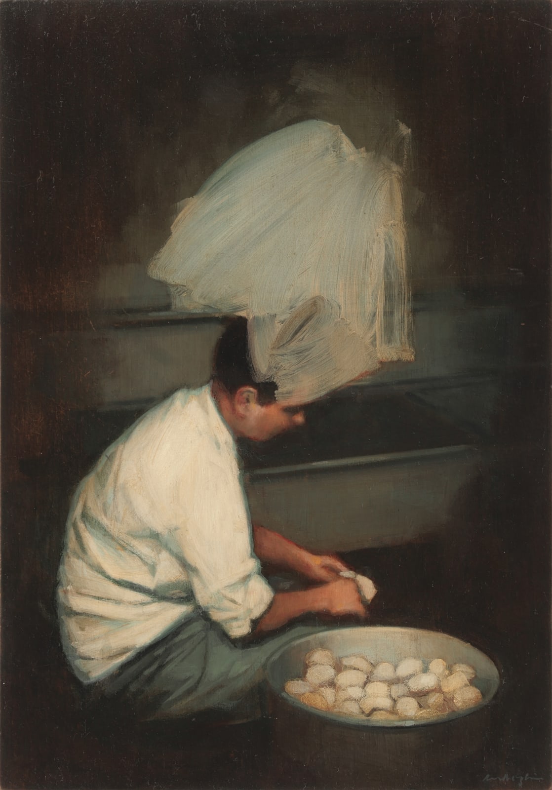 A child in profile view is placing small white ovals in a pot for cooking. His head is partially obscured by messy white brushstrokes.