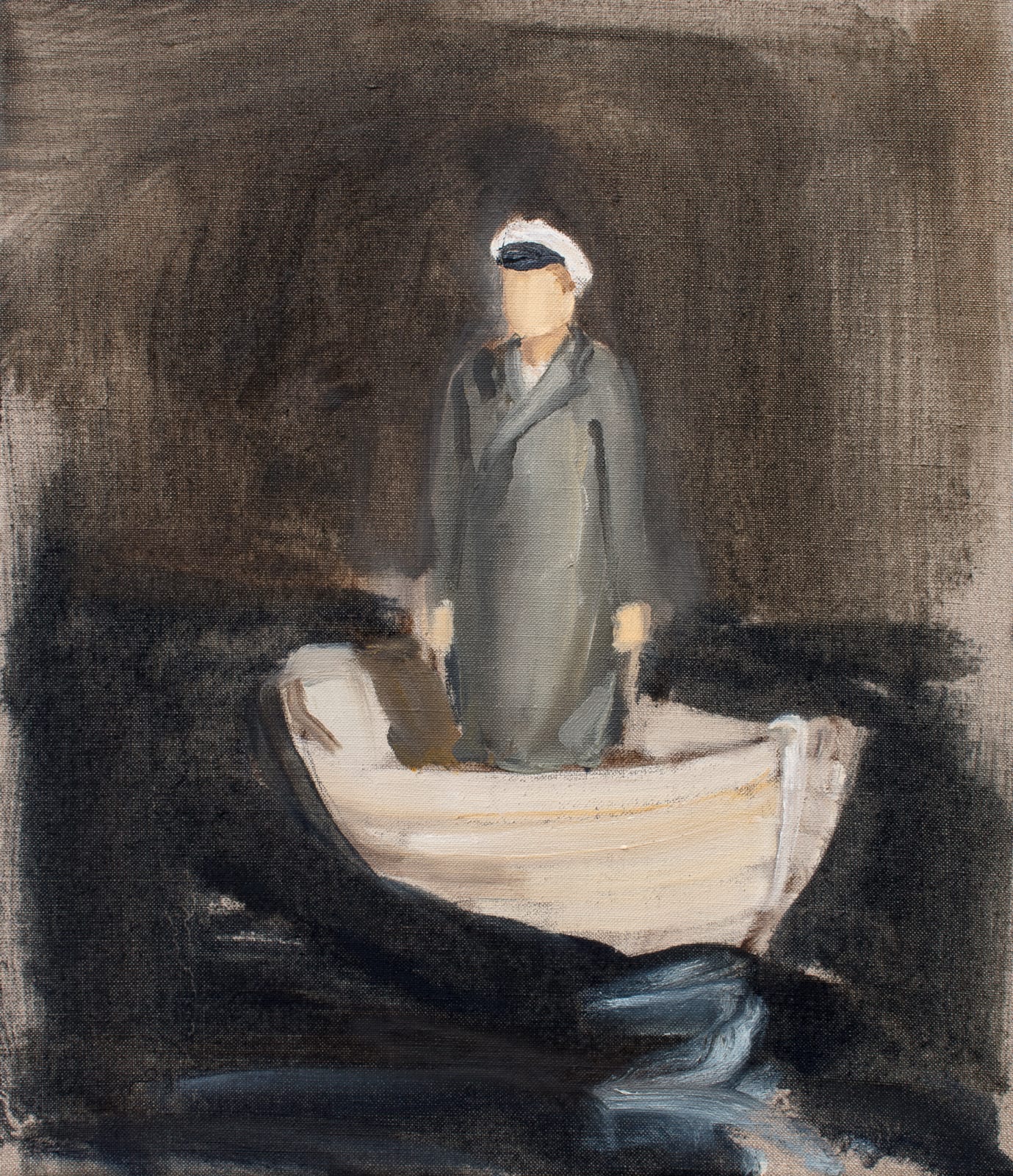 Faceless man in gray coat and captain’s hat stands in row boat beneath dark night sky.