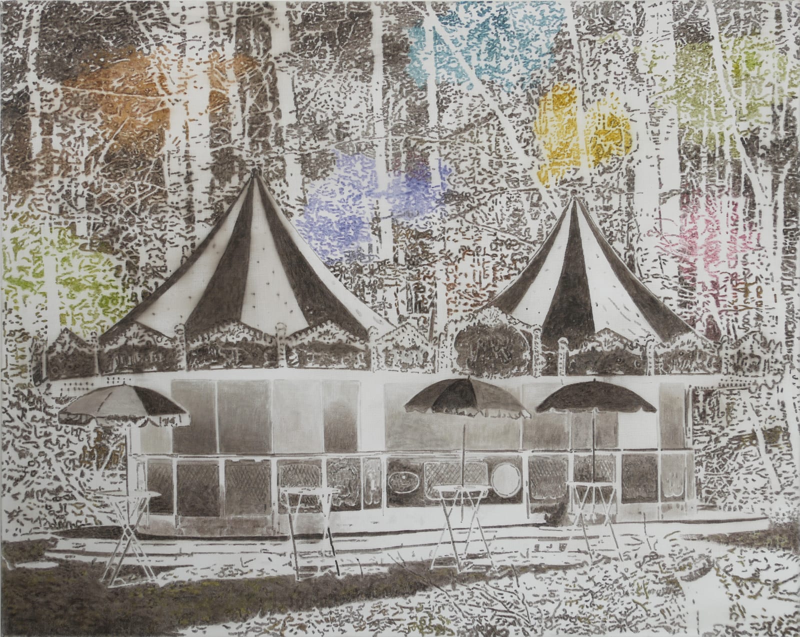 Black and white scene of two carnival tents hanging over outdoor area with umbrellas and tables in front of dense forest. Spots of bright colors float over scene.
