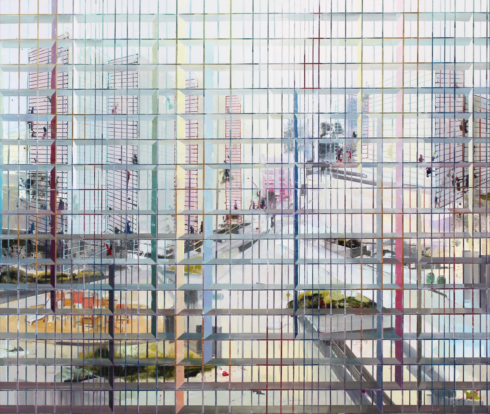 Colorful abstract urban landscape with several high rise buildings streets and a few outdoor green spaces A multi-colored grid of alternating thin and thick horizontal and vertical lines form the illusion of foreground scaffolding