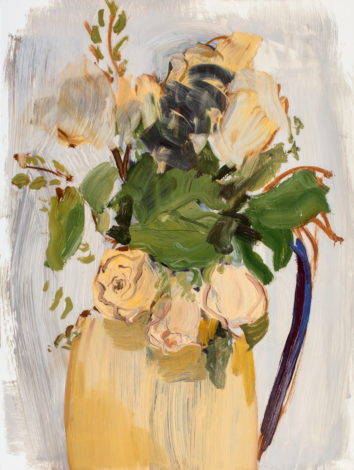 Many white roses and other flowers in yellow vase against gray background.