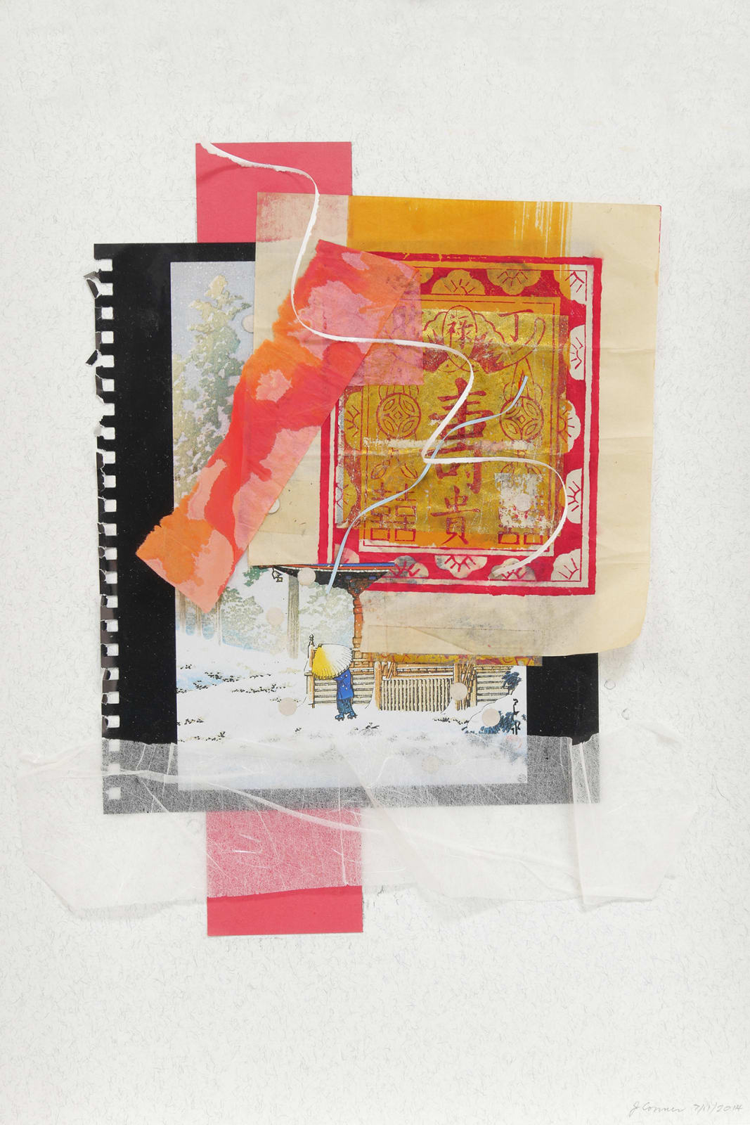 Mixed media collage of film, asian postcards, and pink, red, and orange asian tissue paper