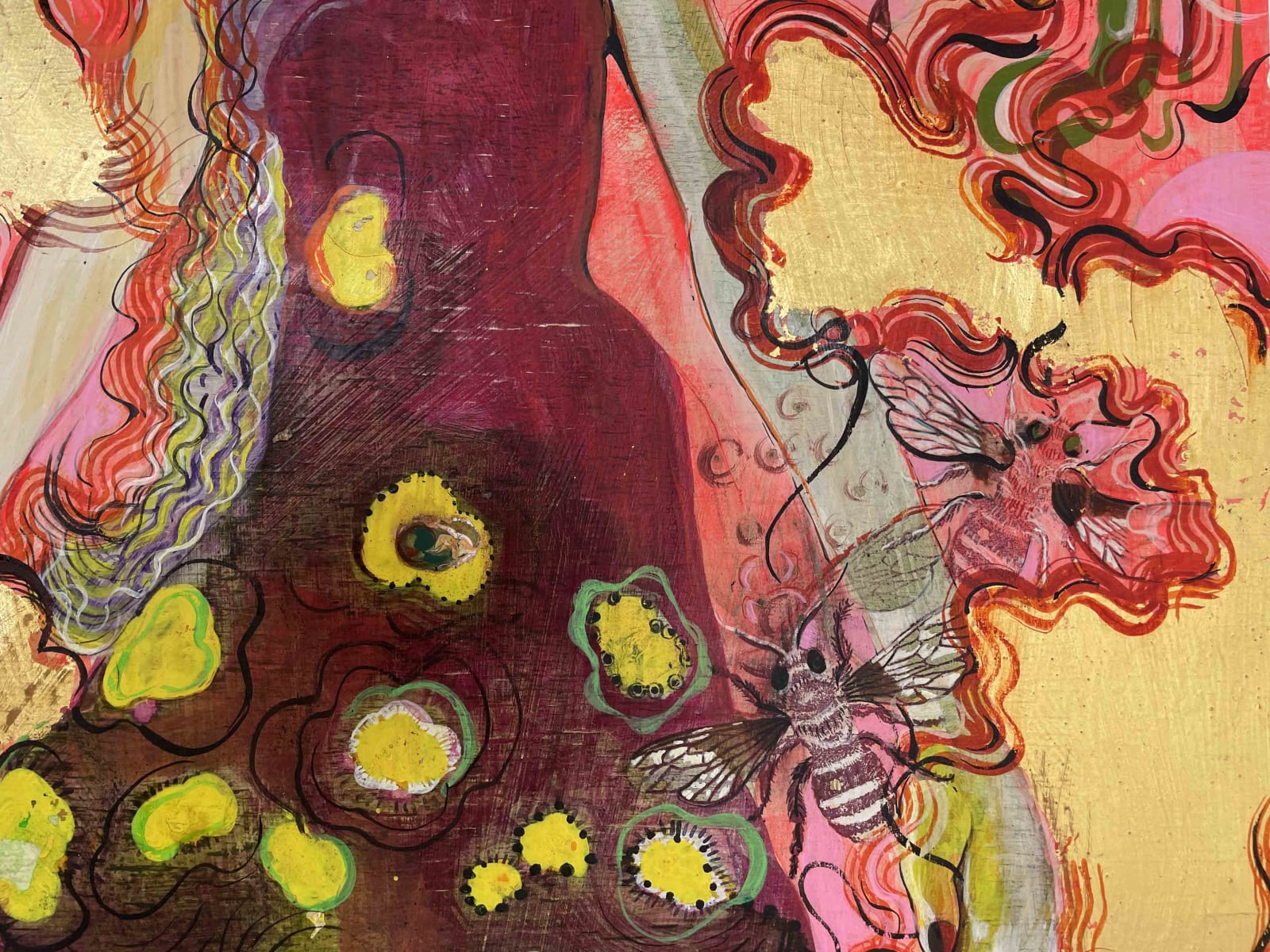 A detailed image of woman's floral dress while being surrounded bees.