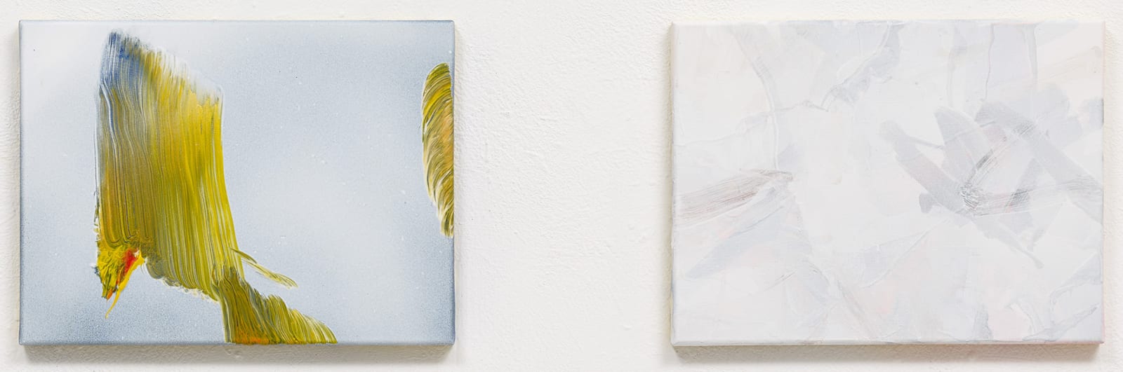 Diptych of two abstract panels. Left panel has grainy light blue background with two thick, textured, yellow, vertical brushstrokes (one near the left of the canvas and the other at the right edge). Right panel has muted pastel pink and gray brushstrokes over white background.
