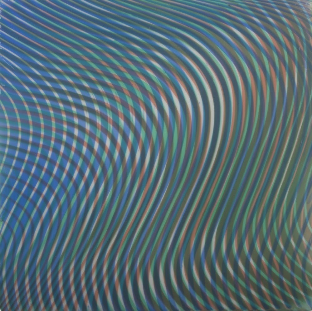 Green orange blue and gray paint layered to create multiple wavy moiré effects