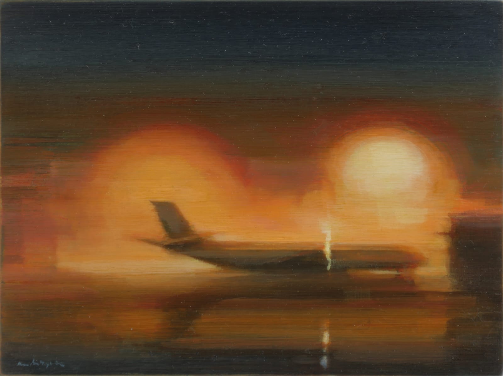 An airplane on the ground viewed from the side seems to be gaining speed and is illuminated by a yellow and orange glow.