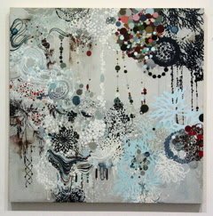 Abstract mixed media piece of multicolored interconnecting paint drips, dots, double helices, vegetal forms, and patterns reminiscent of scientific molecular diagrams against a light blue-gray background