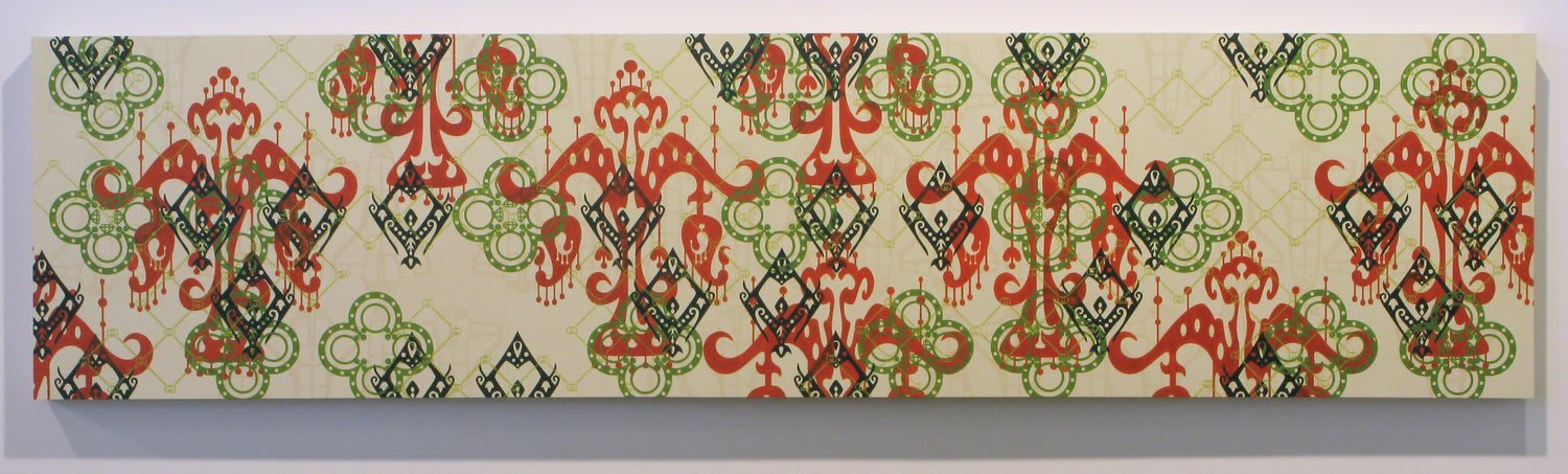 Multi-colored patterns overlap on a beige painted panel The patterns, arranged in a combination of argyle and Indonesian ikat patterning, reference various vegetal and asian patterns with icons of luxury brands and other symbols of wealth