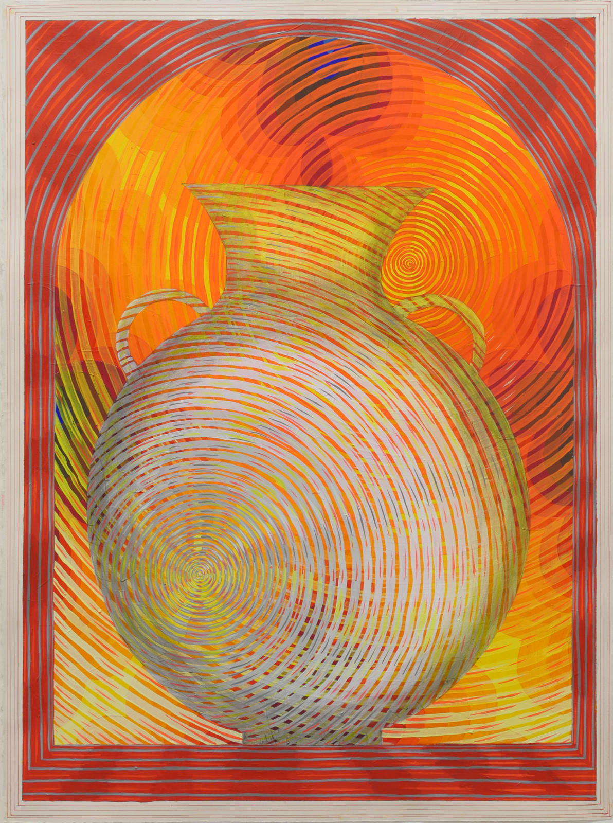 Red arch, orange background and yellow vessel all decorated with concentric circles.