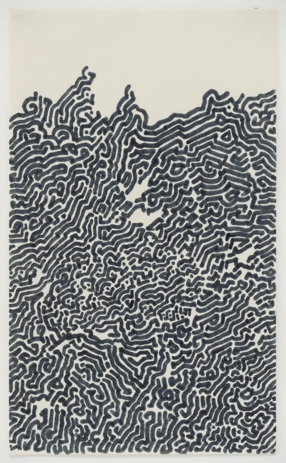 Black felt ink pen creates thick lines on paper to form abstract patterning The top of the piece has been left with negative space