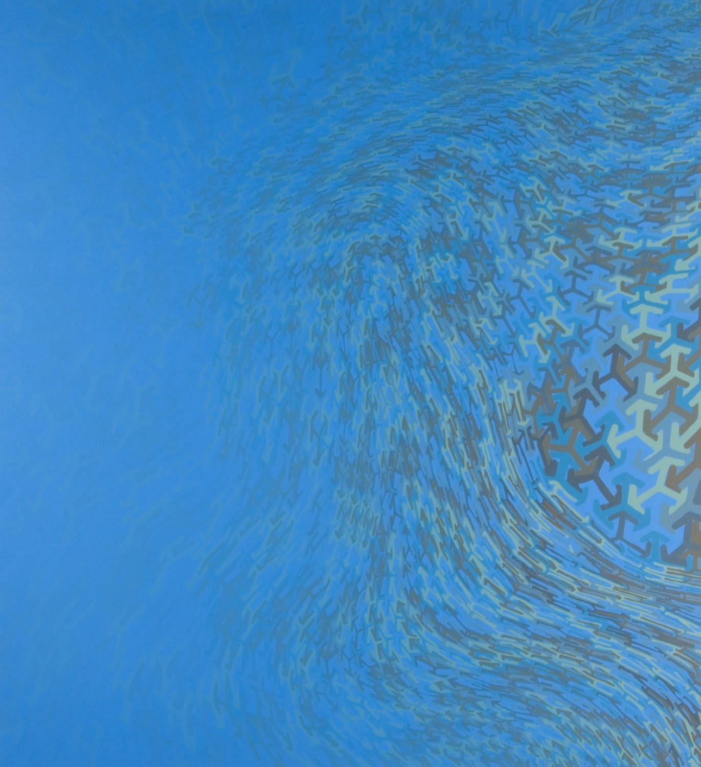 Bright painting with multi-hued green and blue asterisk shaped forms morphing and moving in waves against each other which fade to blue as they approach the left side of the piece
