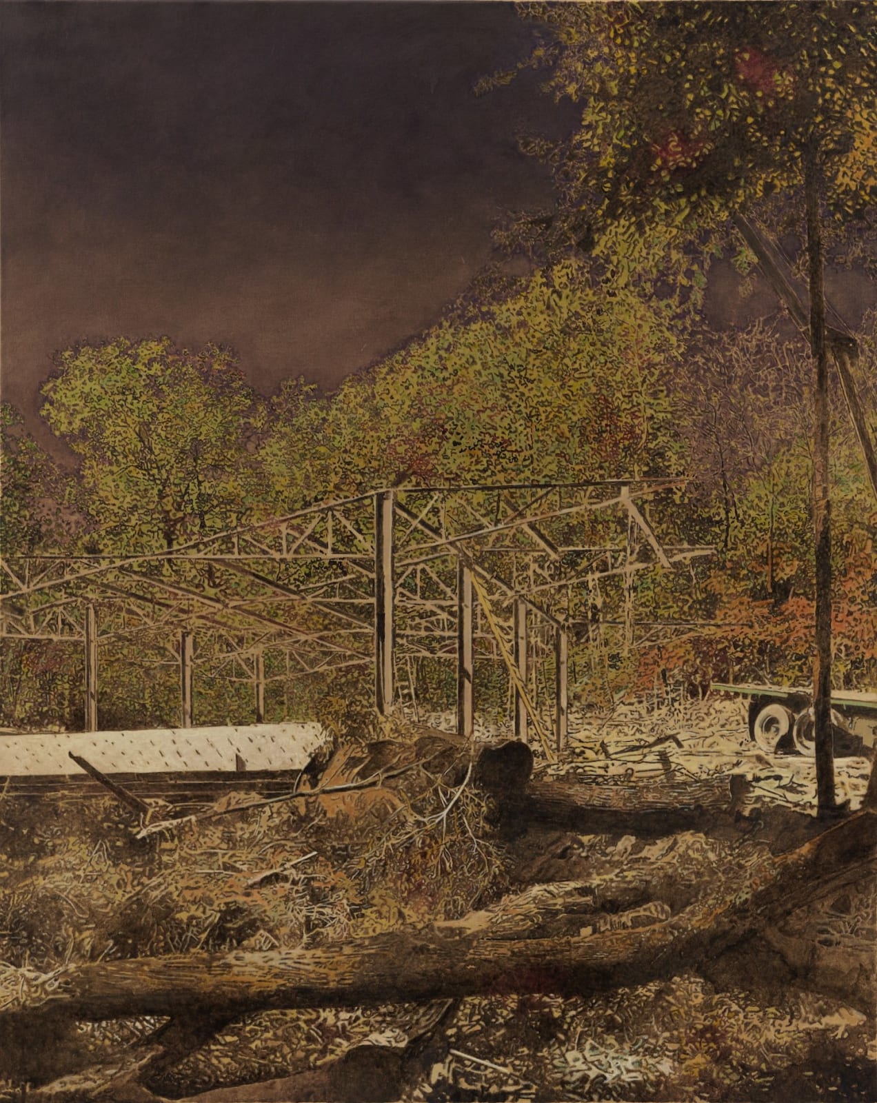 Wooden frame of building under construction and a truck are visible underneath looming trees and dark night sky. Fallen tree trunks and branches lie horizontally across foreground.