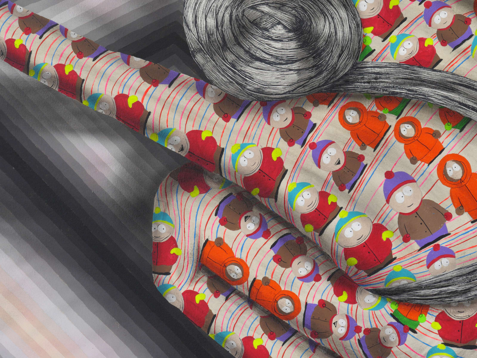 Detail of Bowing Man in Technicolor Southpark Robe.
