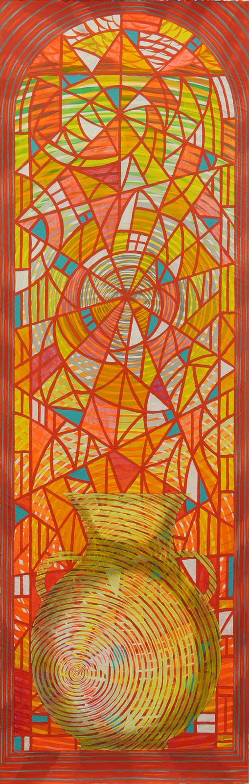 Stained glass style background in yellow, orange, blue and white with yellow striped vessel.