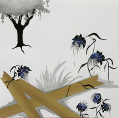 Mixed media landscape of three light brown wooden planks lying down on the ground and arranged to form an “A”. Six black gray and blue flowers surround the wooden arrangement and bunch over it. In the background, a single black and white tree stands to the upper left