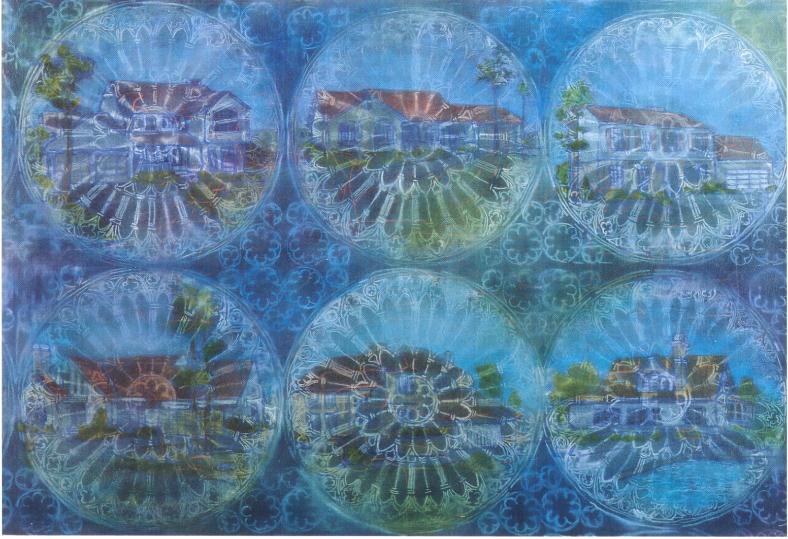 In six large circles are large barn-style homes with palm trees. Scenes are partially obscured by dark blue stained glass-like patterning.