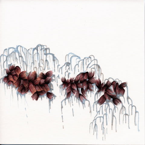 Three separate clusters of intertwined veiny pink flower petals float near the bottom left of the piece. Multiple blue gray dripping bare branches hang down and surround them