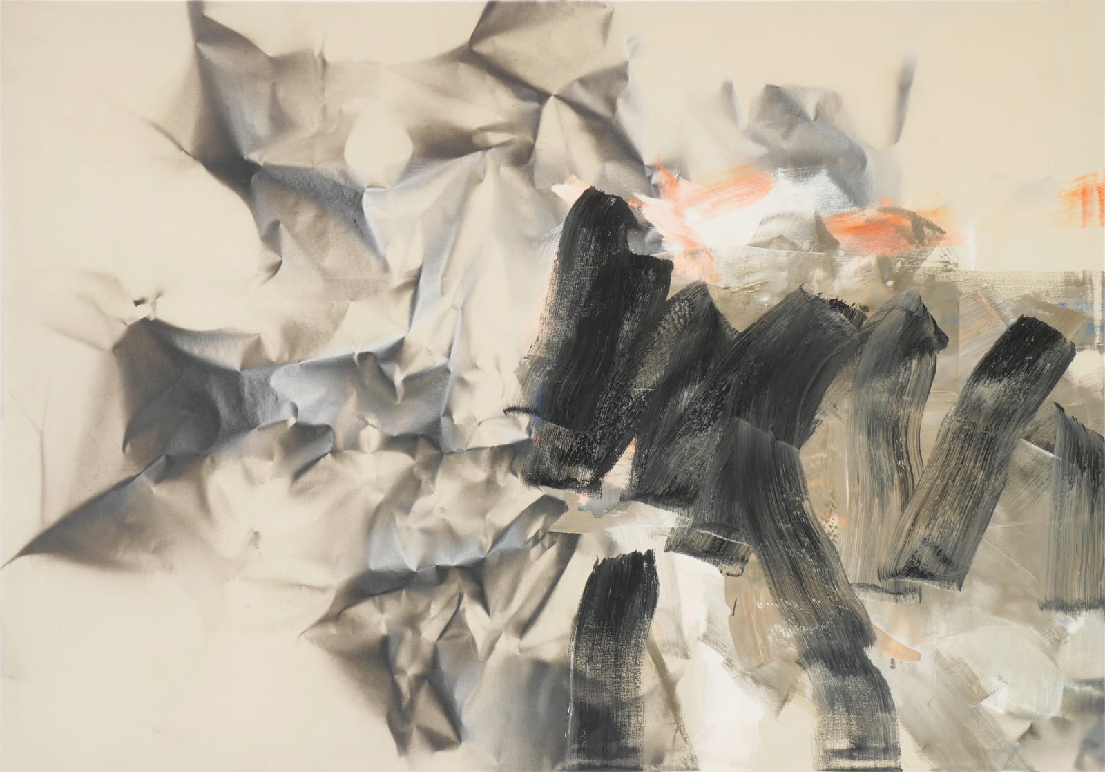 On the lower half of the canvas wide black painterly brushstrokes layer over a large smoky graphite- colored form that expands across the canvas and mimics the texture of crumpled paper. The canvases original cream color is exposed underneath the artwork