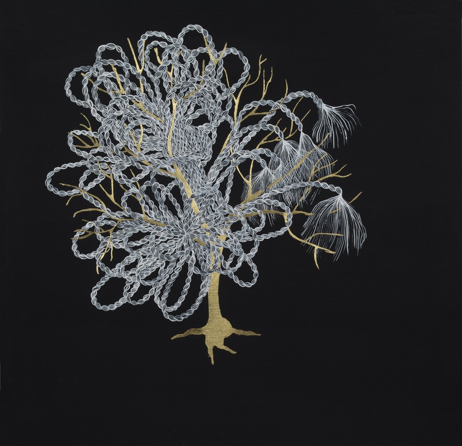 Gouache painting of a bare tree with gold leaf bark against a black background. White contours of several twisted ropes with frayed ends are tangled throughout the branches of the tree