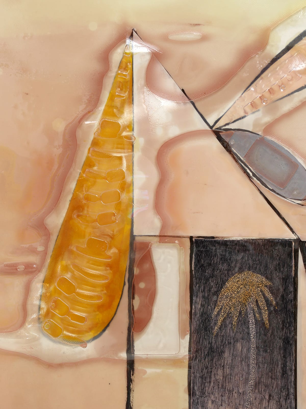 Detail of the left of The Type Zero Problem 48:1 with focus on a piece of orange found plastic