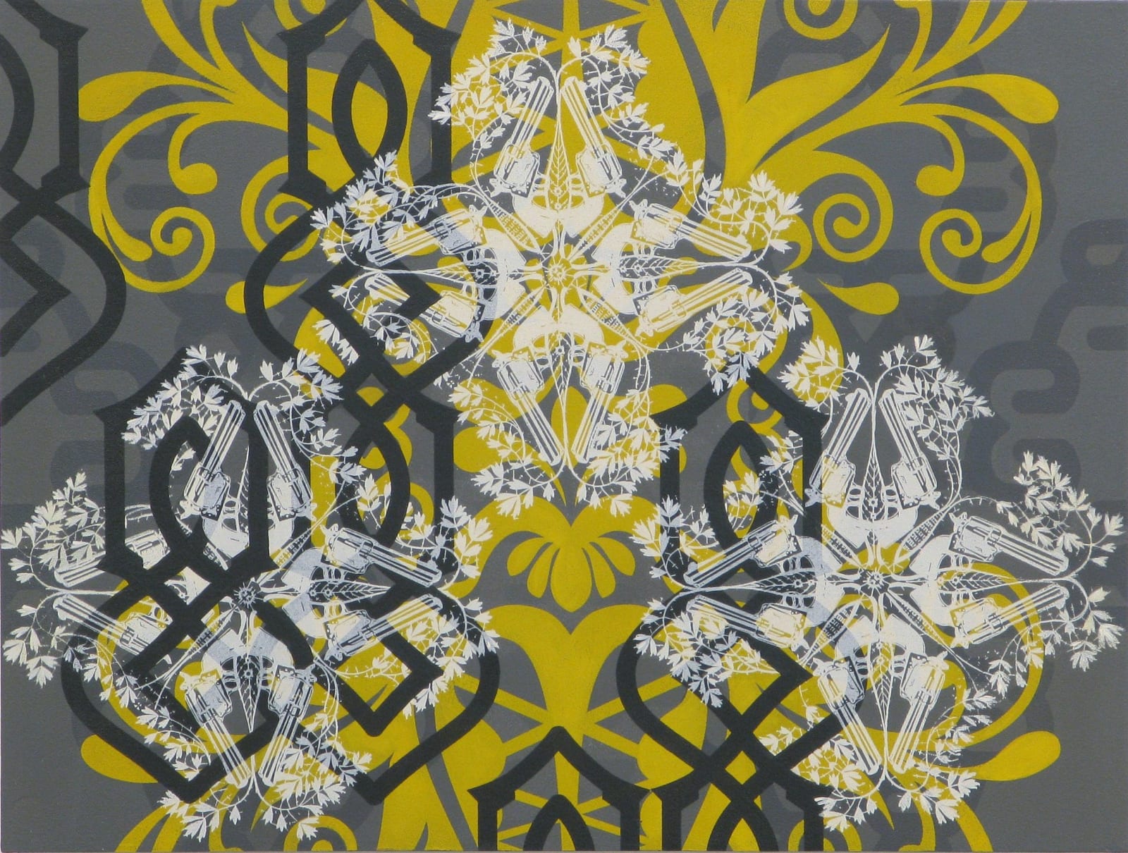 Black white and yellow vegetal patterns overlap on a dark gray painted panel The pattern in white include an icon of a pistol