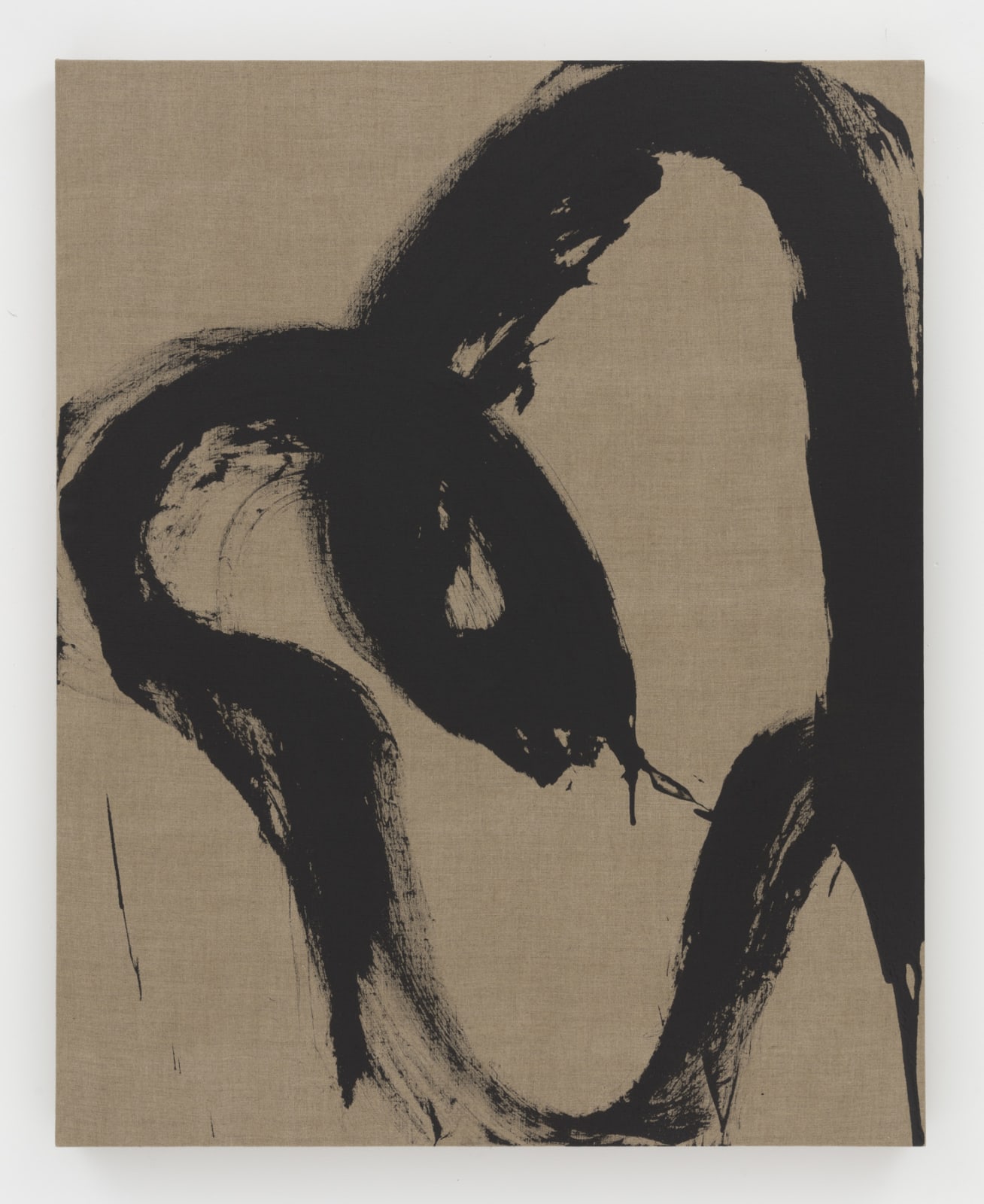 Thick hasty black ink brush stroke that loops and dips across the dark beige stretched linen