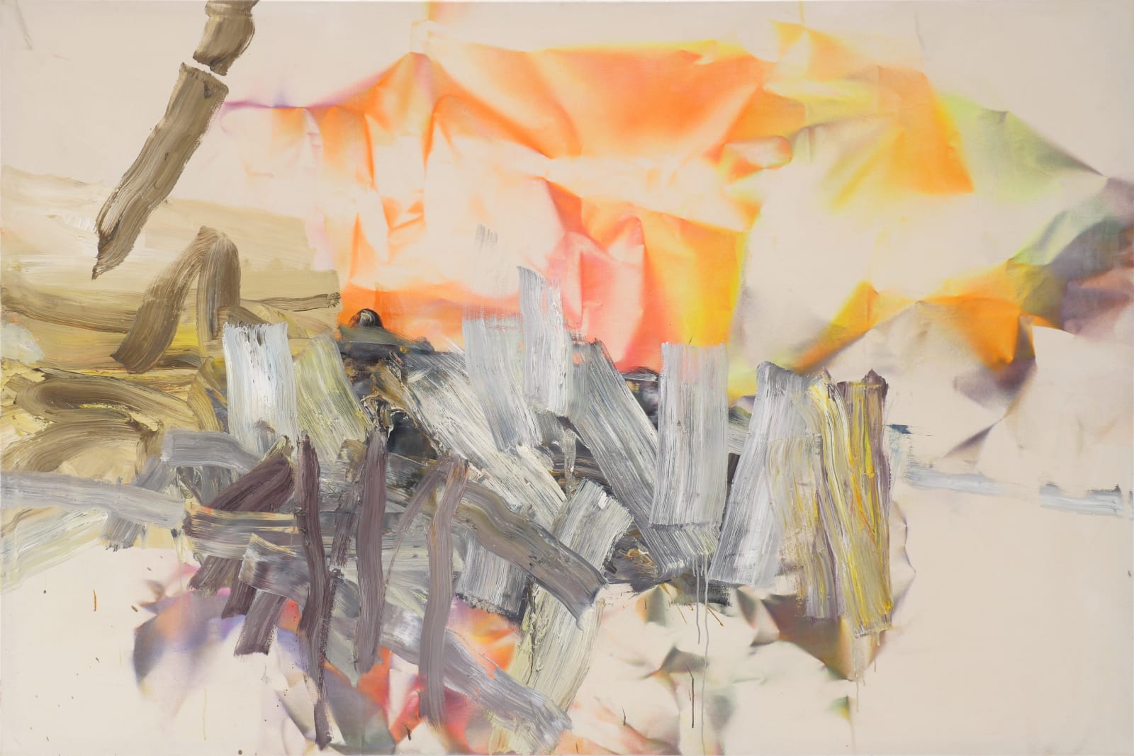 An orange green purple and red abstract shape mimicking a crumpled texture spans most of the upper half of the cream colored canvas. The central part of the lower half is covered by wide painterly brush strokes mostly in white and grey