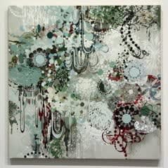 Abstract mixed media piece of multicolored interconnecting paint drips, dots, double helices, vegetal forms, and patterns reminiscent of scientific molecular diagrams against a light blue-gray background