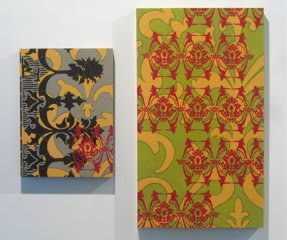 Two panels, the left small and the right large, with several layers of multi-colored acrylic paint overlap to display multiple vegetal patterns