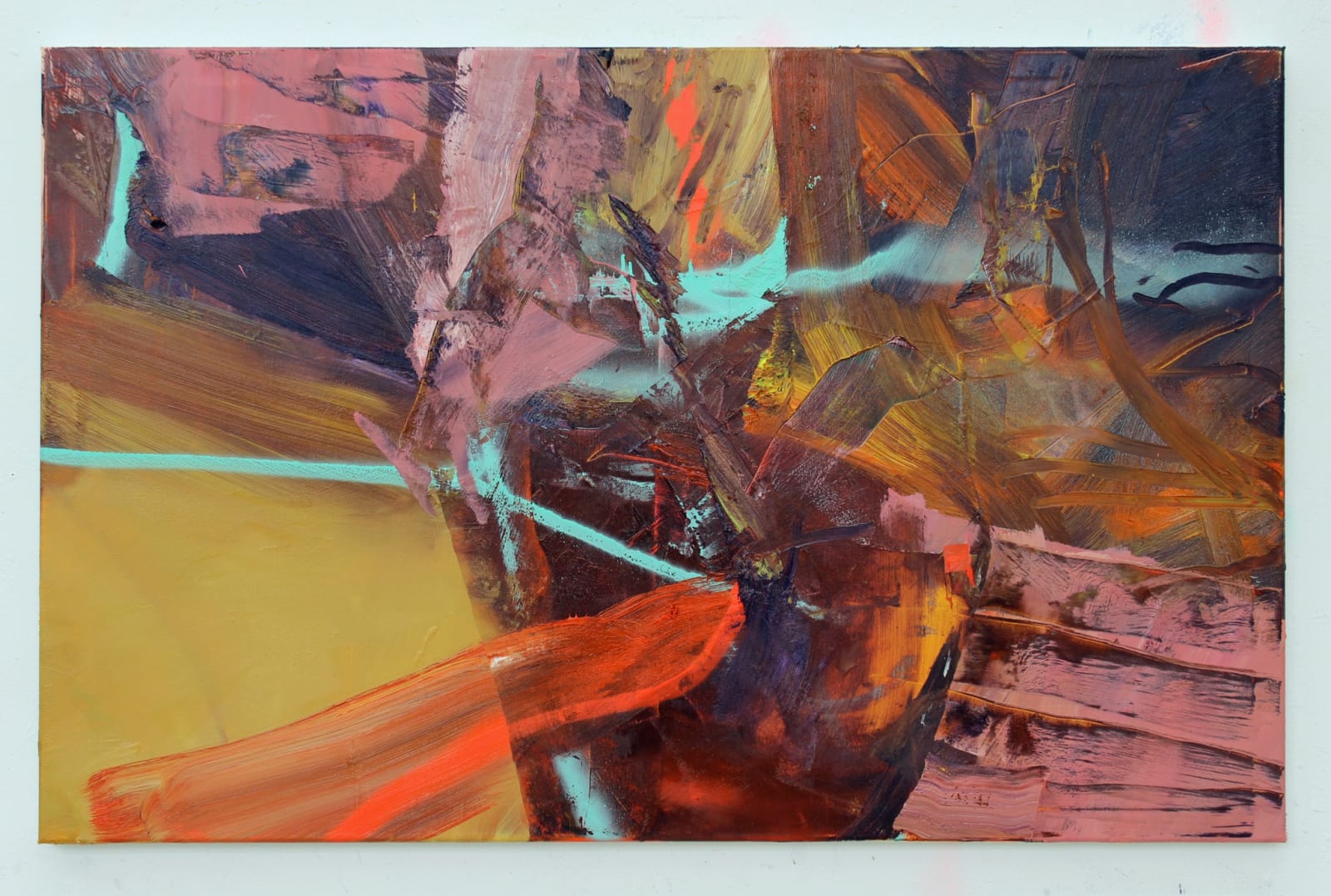Pink, yellow, navy, red and bright blue lines and shapes create a chaotic, layered, abstract scene.