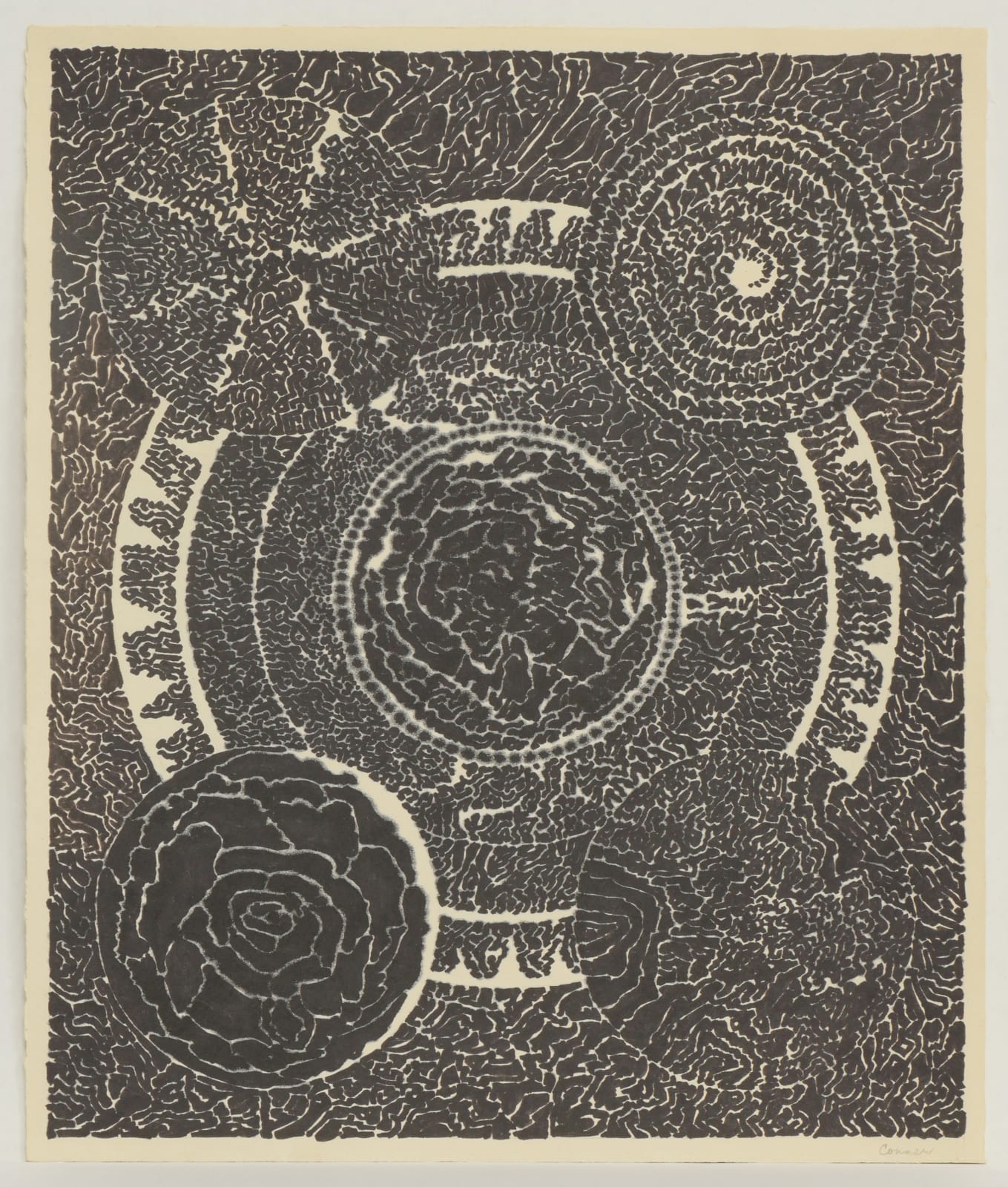 Dark brown line work on a beige background creates central rings and four outer circles.