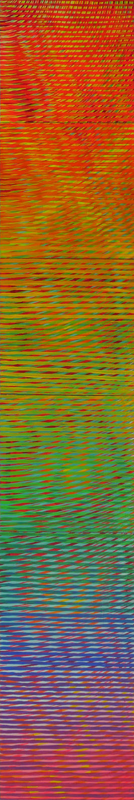 Vertical rainbow gradient from red to purple depicted in nesting concentric circles, horizontal lines and vertical squiggles.