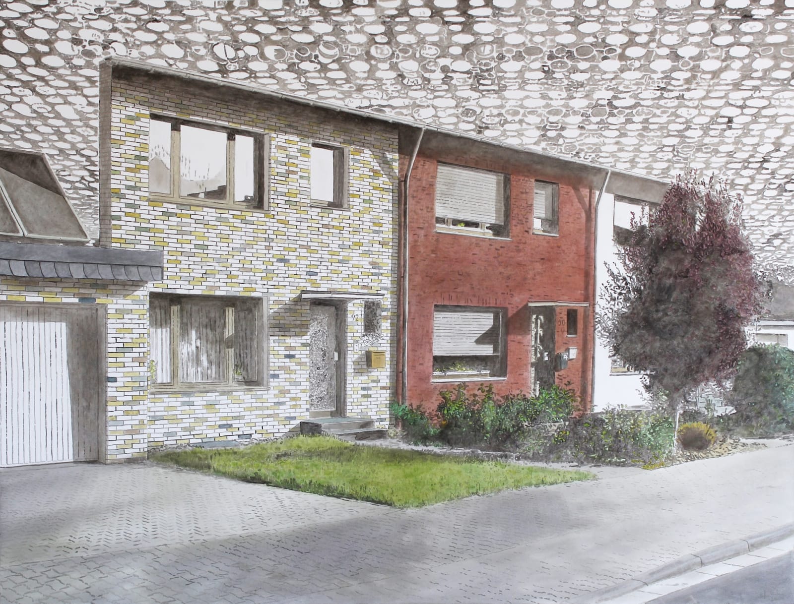 Row of three houses (colorful brick, red brick, and white) with front lawns and sidewalk. Sky is filled with pattern of white circular clouds against gray background.