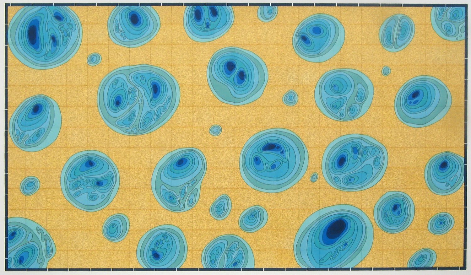 Multiple various sized blue orbs float around a yellow grid background In the orbs several sections of blues overlap each other and allude to cut away images of biological cells