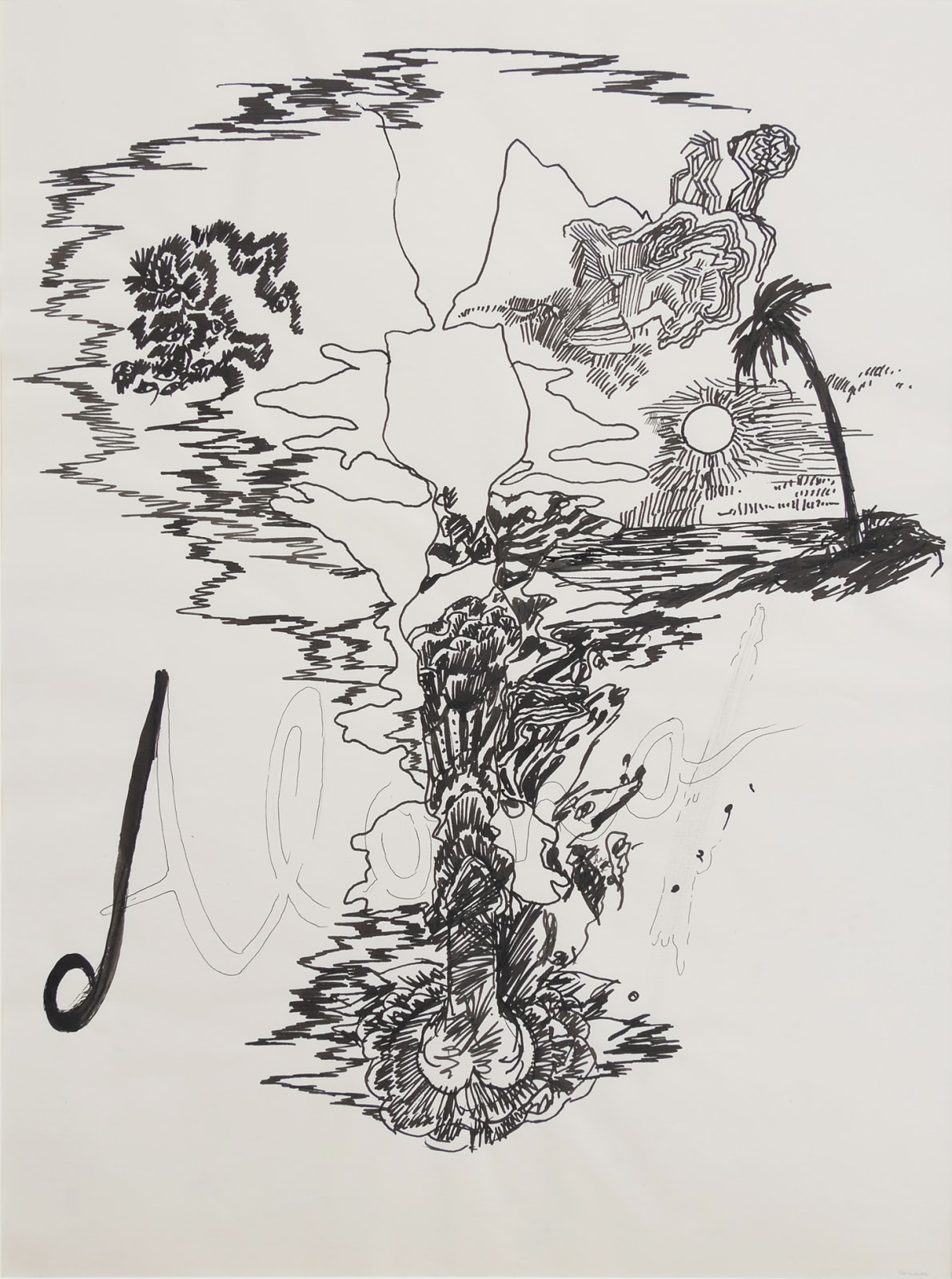 Black ink on white paper illustrates an erecting penis spouting various abstract images above it The images vary from seaside landscapes to cloud forms and other organic figures while at the bottom center of the piece the word Aloha is written in large cursive