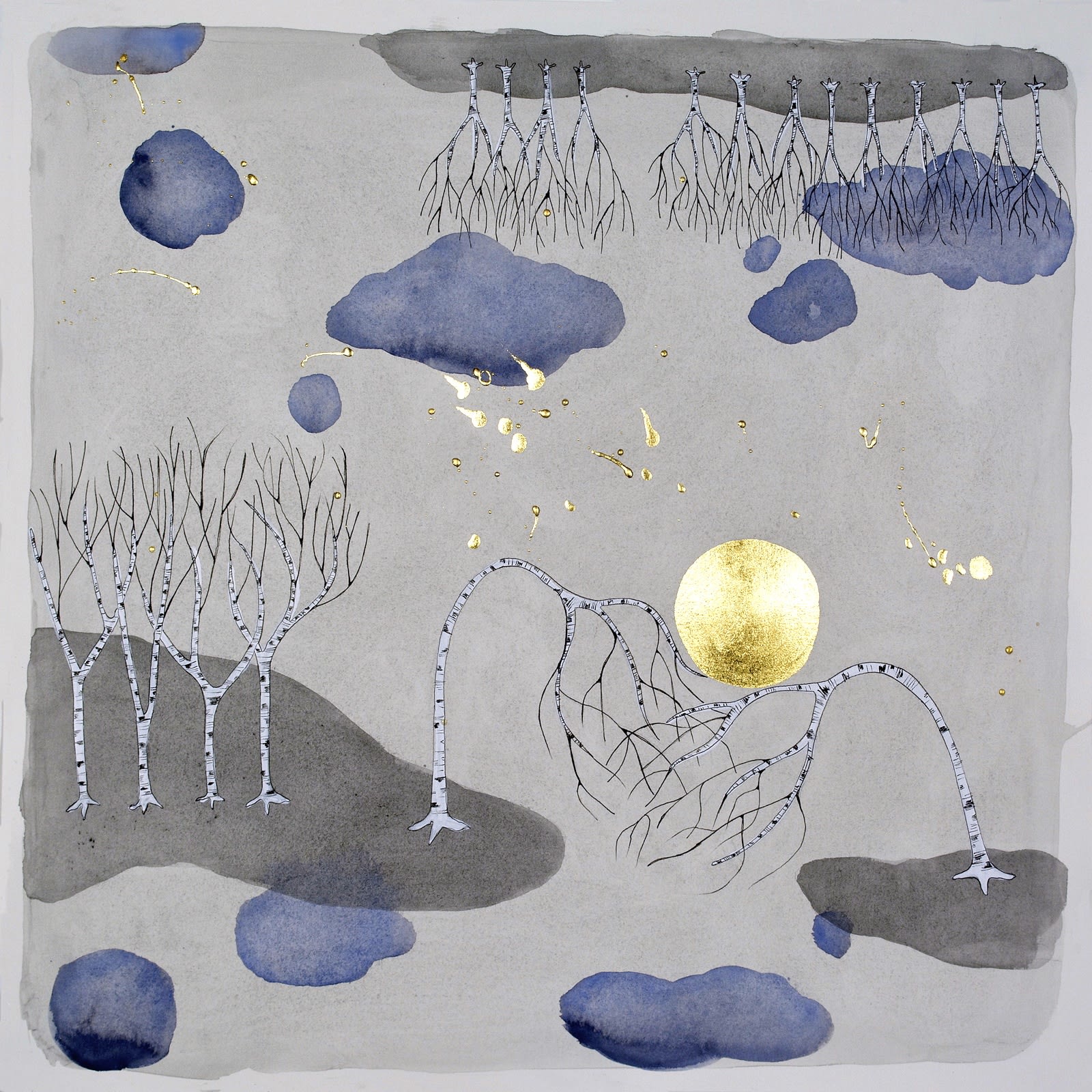 Abstract mixed media landscape of a small gold leaf moon reflected in a light gray body of water. Also reflected in the water are several dark blue watercolor blobs which resemble clouds and multiple drips and splashes of gold paint representing stars. Surrounding the elements of the reflected night sky are several dark gray watercolor islands which house multiple different sized thin birch trees. Two of the birch trees bend towards each other and appear to cradle the moon