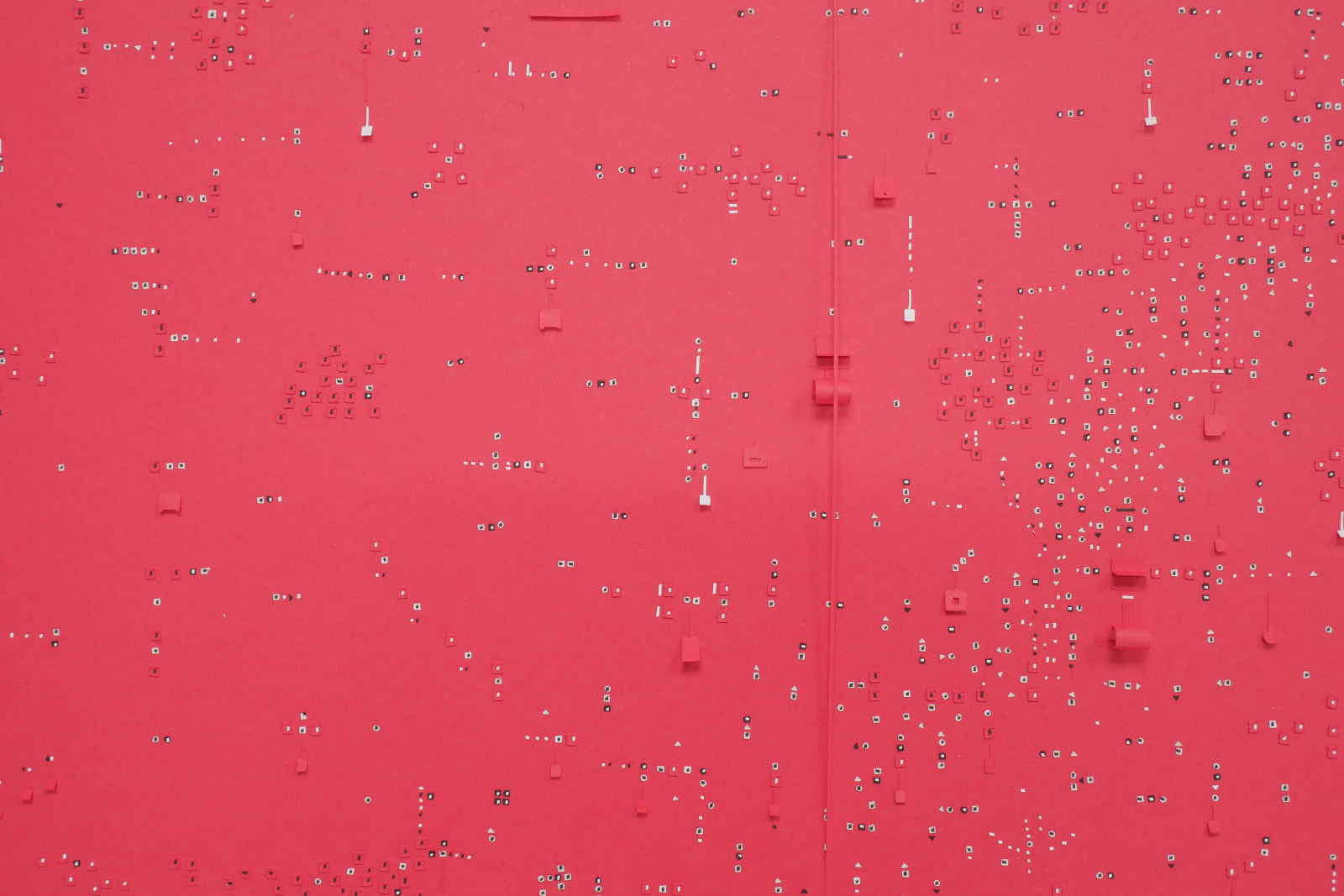 Detail; white, black, and red 1D and 3D cutouts and flaps on a red background.