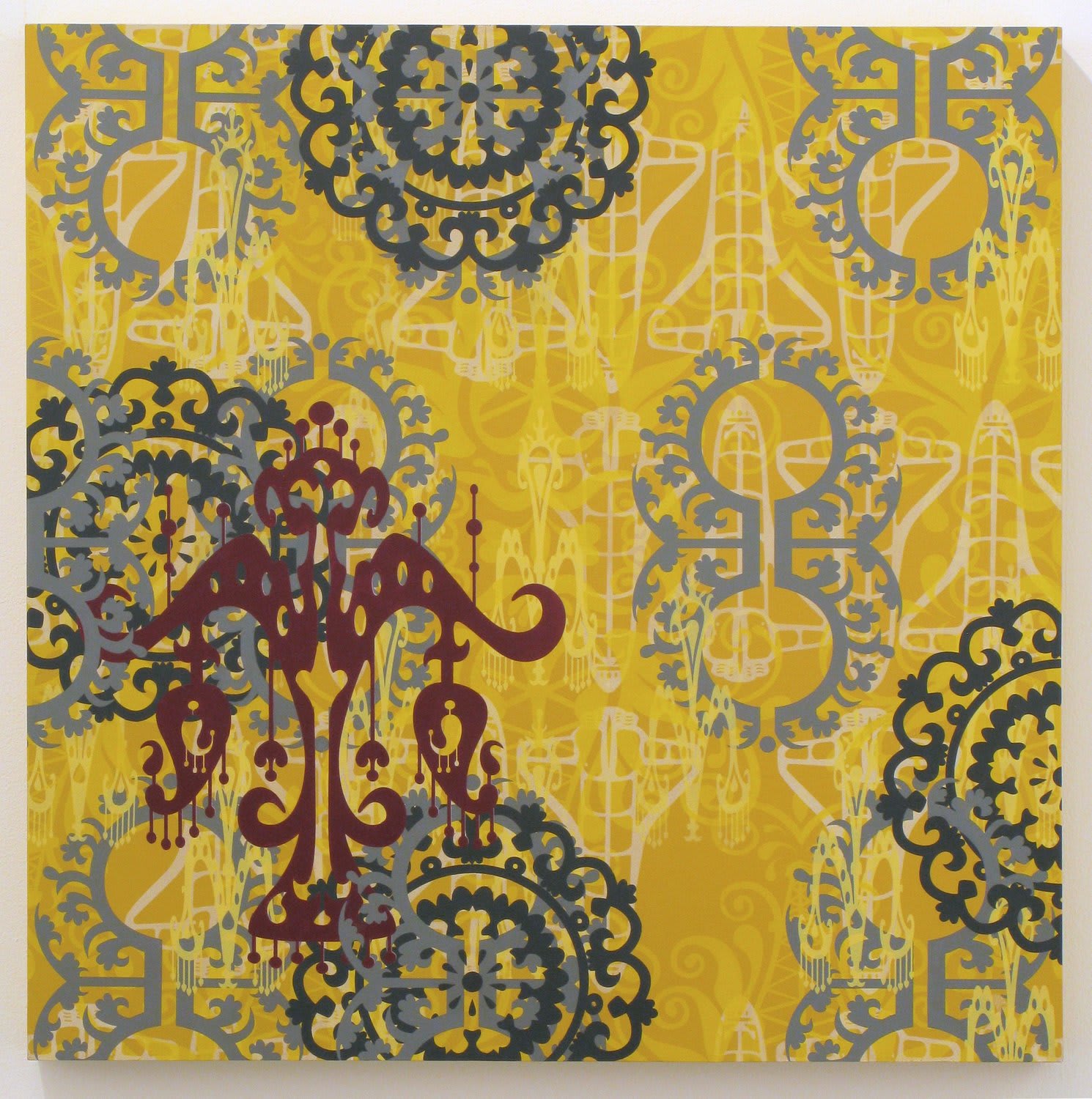 Multi-colored patterns overlap on a yellow painted panel The patterns, arranged in a Indonesian ikat fashion, reference various vegetal and suzani motifs along with elements from the artist’s Asian American upbringing in the primarily white suburb of Orange County California