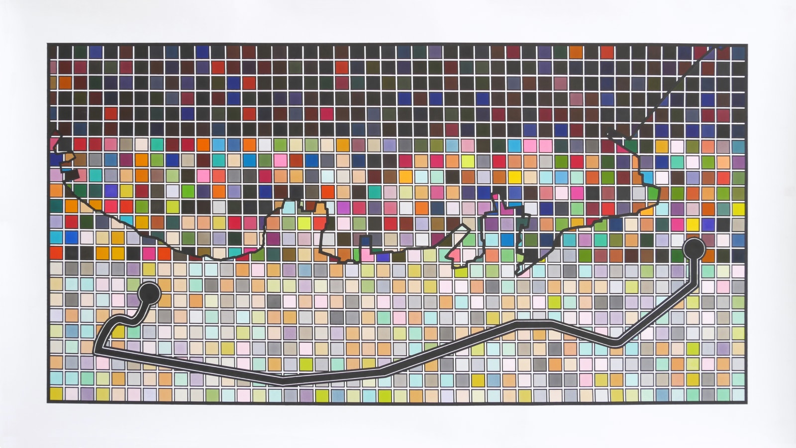 Light and dark multi-colored squares surround a thick dark gray line that represents a Hong Kong protest route A thinner gray line above mirrors the geographical border between mainland China and Hong Kong