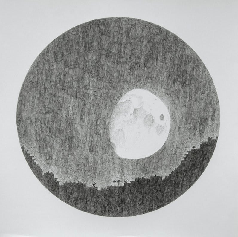 Large circular black and white ballpoint pen drawing creates a night time suburban landscape with multiple stars and a large waning moon
