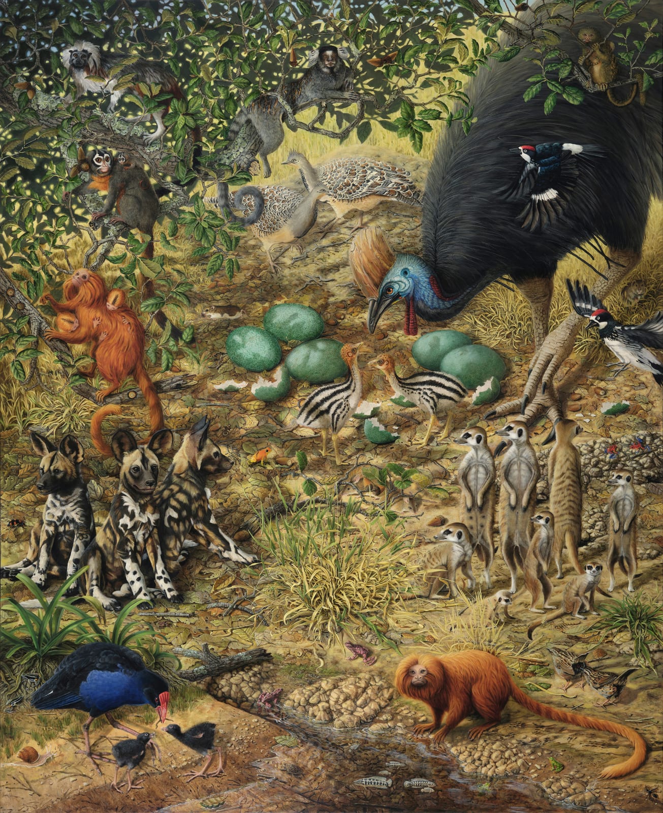 Highly detailed and realistic oil painting on panel of multiple animals at both their infant and adult stages The species depicted are those of which the fathers play a larger role in their upbringing The animals are surrounded by yellowing grass and a full green shrub