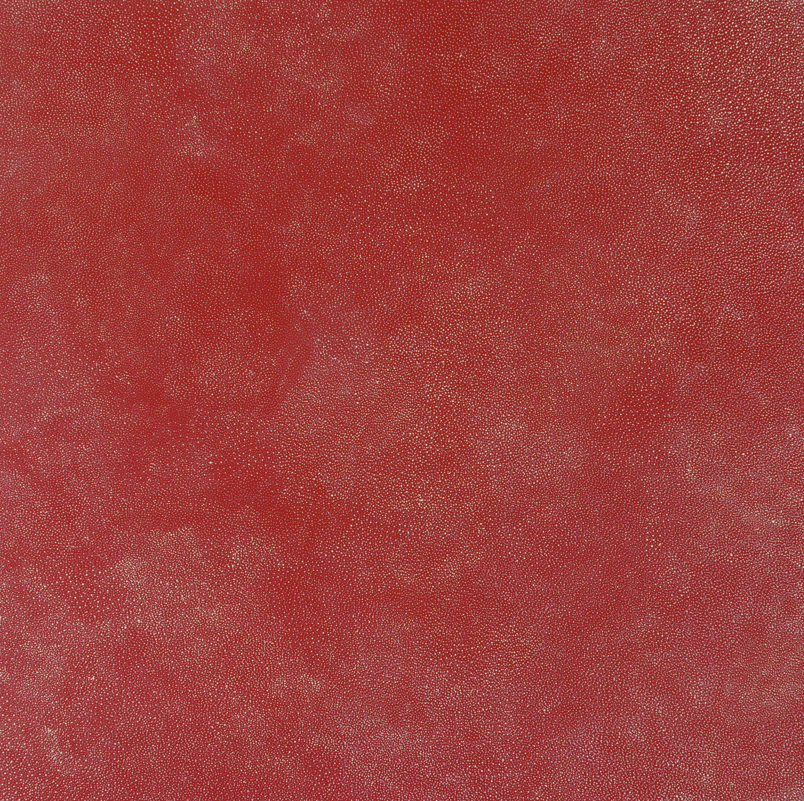 Against a red background, white dots (some tiny and some slightly bigger) create an abstract cloudy pattern.