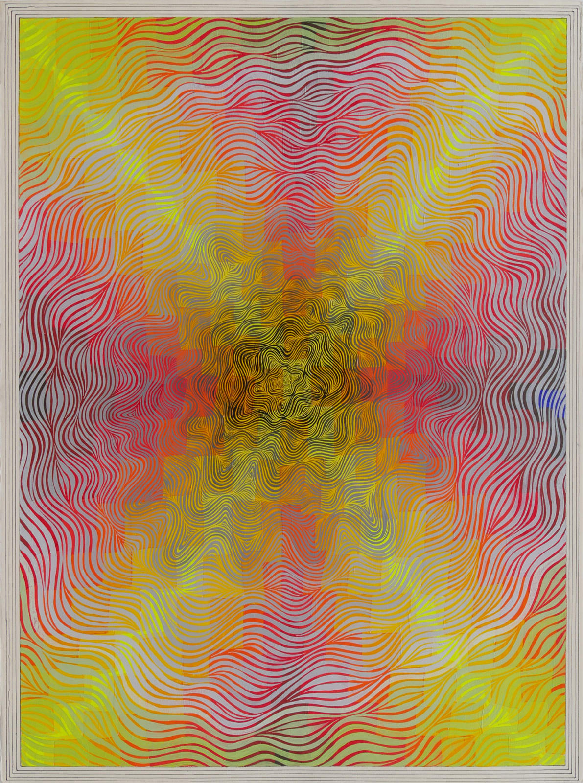 Yellow gridded X shape is superimposed over concentric yellow and black wavy lines that become red and gray closer to edges of canvas.