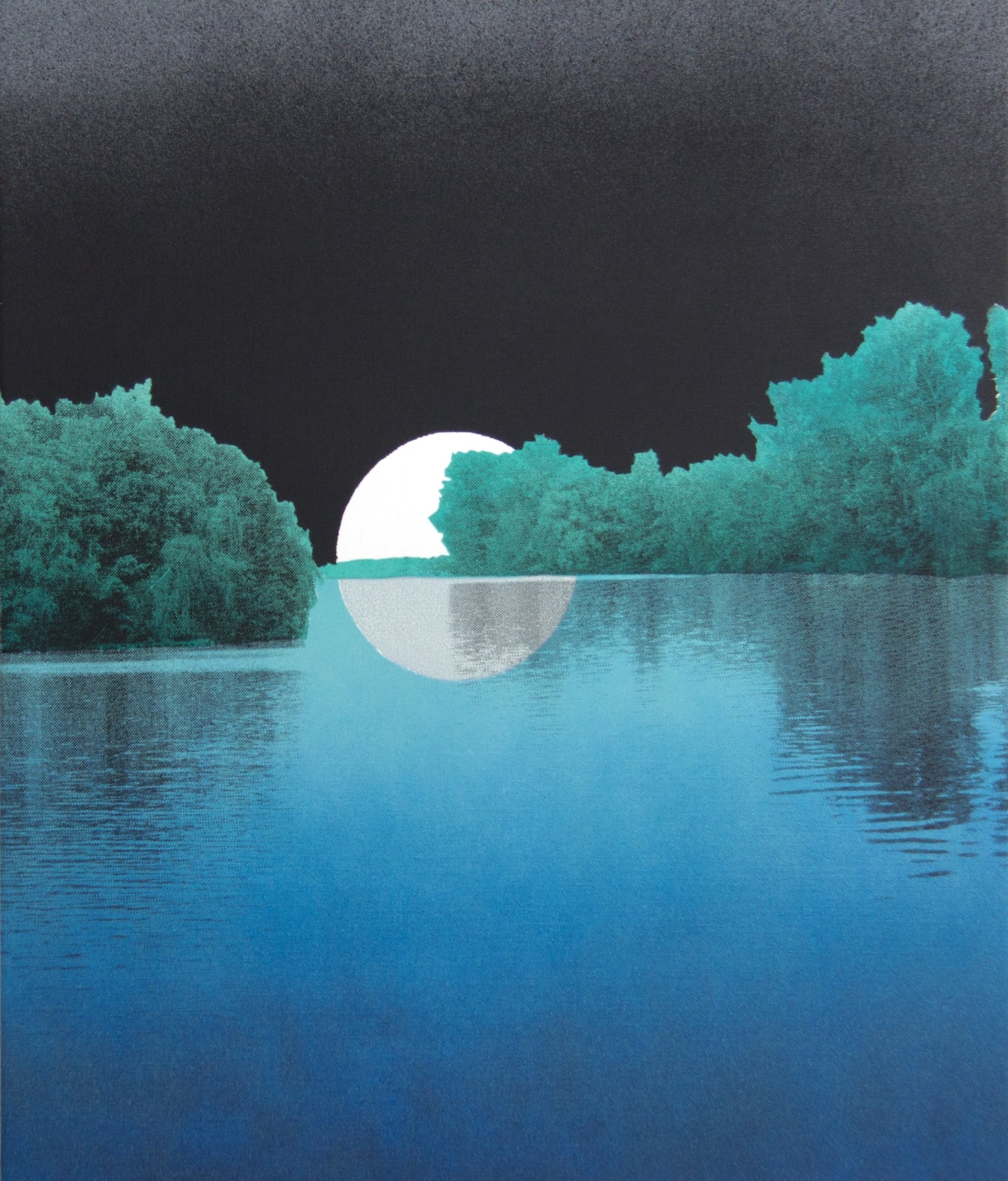 Multiple silkscreen layers of black blue white and turquoise paint form a constructed landscape of two burry and heavily pixelated riverbanks jutting from the left and right center of the piece. At the center left is a white circle alluding to a full moon rising while a semi-circle directly beneath it represents its watery reflection