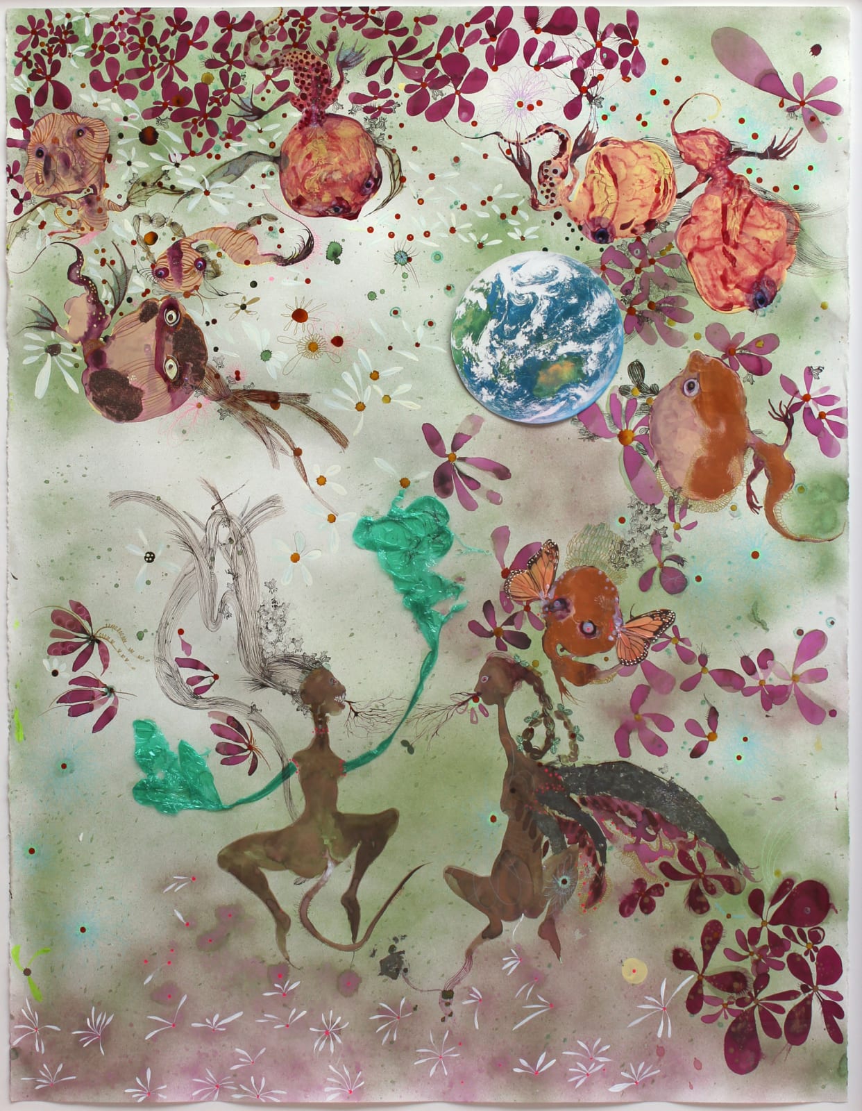 An image of mixed media on paper that depicts earth, fairies, flowers, and fishes.