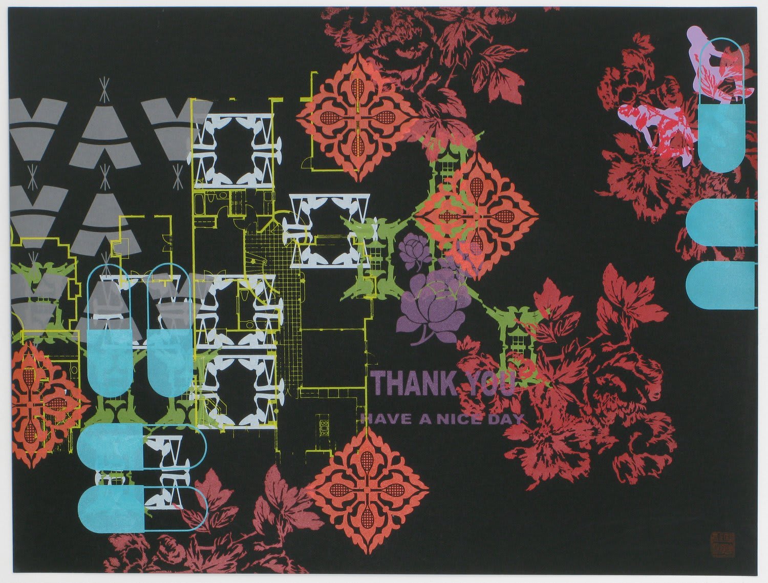 Several silkscreen layers of multi-colored acrylic paint overlap to display several patterns on black paper The patterns depict various asian and indigenous stereotypes, vegetal designs, and elements from the artist’s own Asian American upbringing in the primarily white suburb of Orange County California