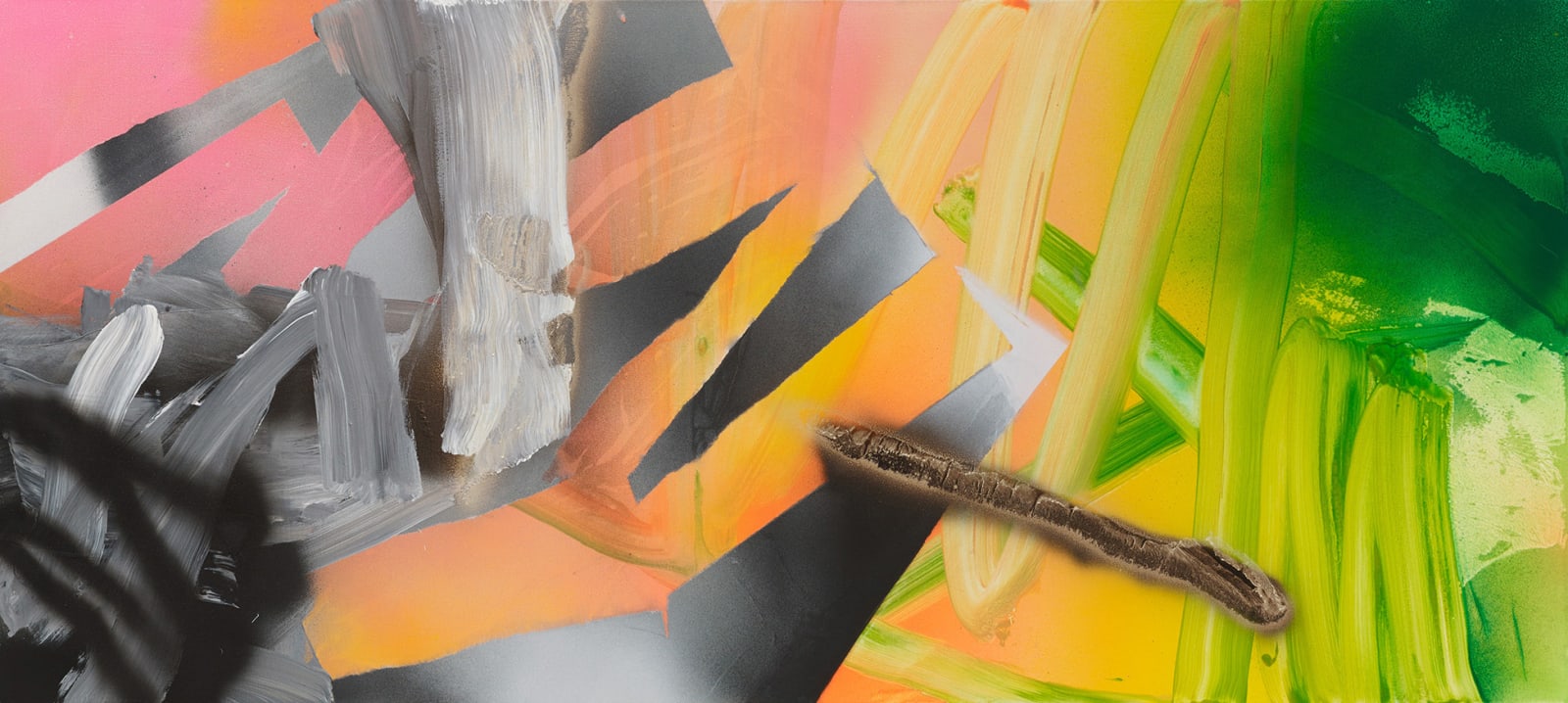 Pink, orange and green strips of paint cover gray chrome background. Gray textured brushstrokes cover left side of painting. Brown textured log floats near the bottom right of canvas.