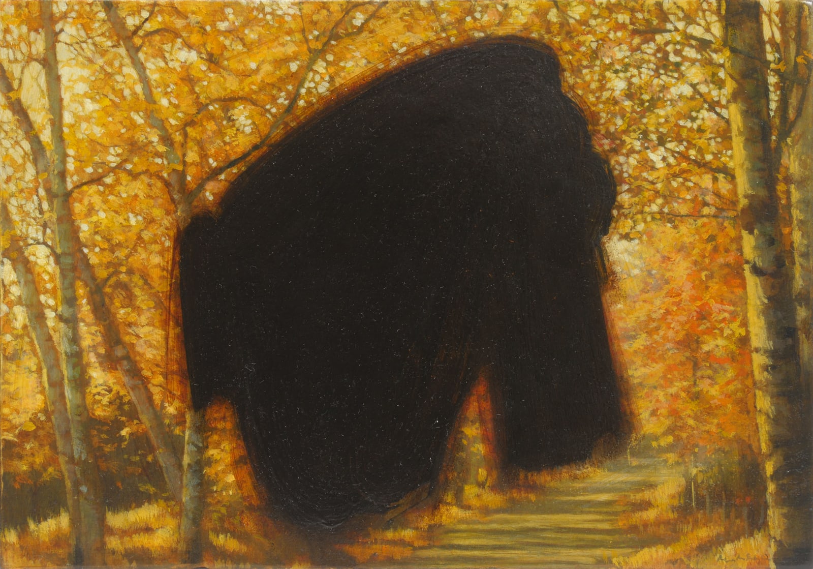 Path cuts through forest of trees with orange leaves. Scene is partially obscured by floating black brushstrokes.