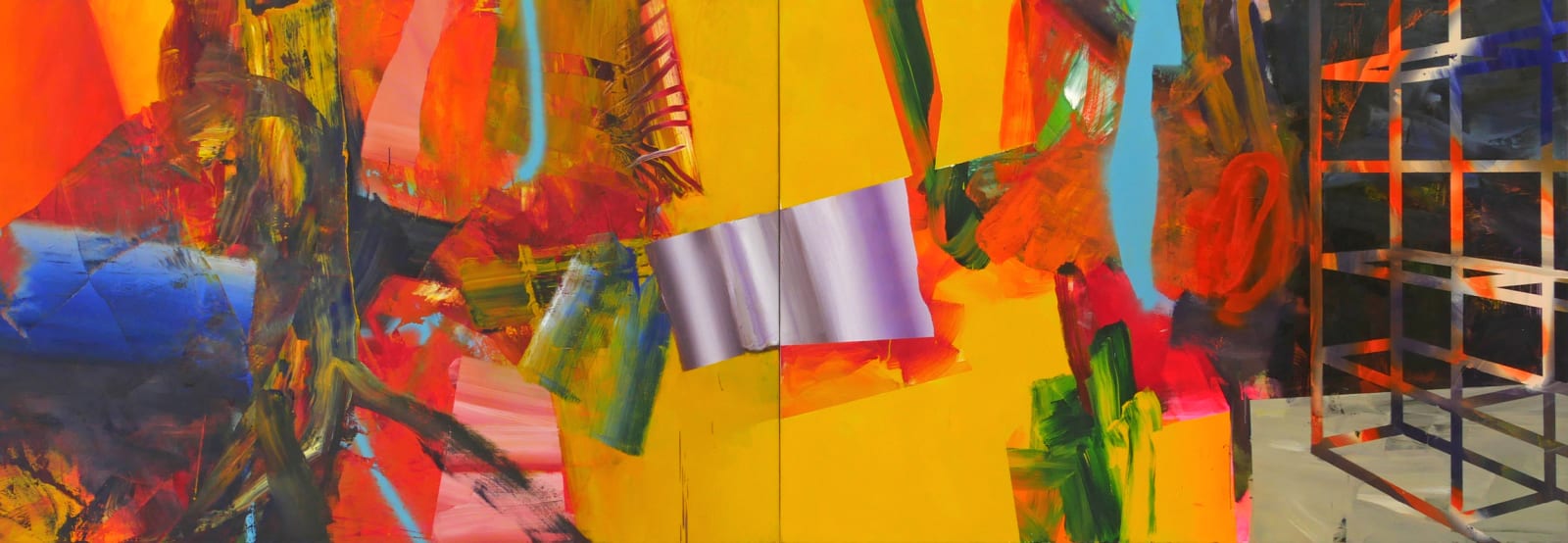 Diptych of two abstract panels. On the left side is a chaotic, layered, abstract design in red, blue and yellow. The yellow leads into the right panel, which has a similar abstract pattern in red, blue and green and a geometric structure that resembles a shelf. Purple chrome shape straddles the center of both panels.